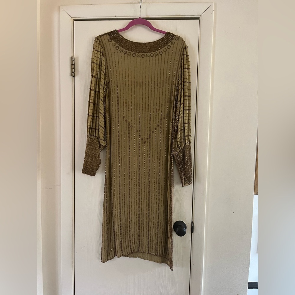 VTG 70s 20s flapper Silk balloon sleeve art deco dreamy beaded sheath dress M - Picture 10 of 13